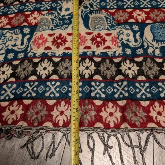 Elephant Print Woven Hooded Boho Poncho | Festival Artwear Fringe Beach Layer - Picture 14 of 14